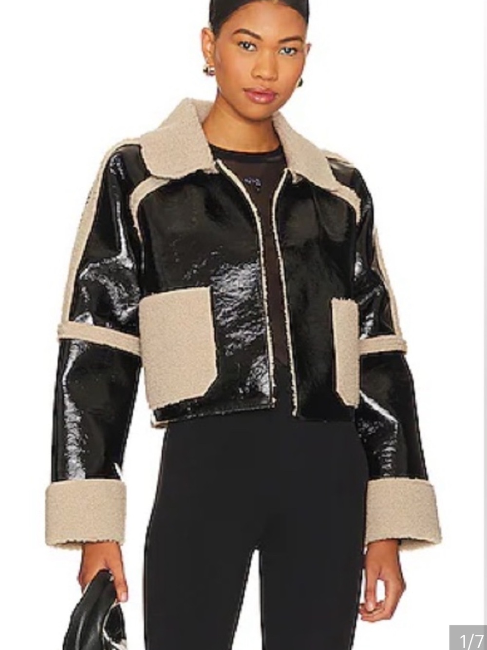 Steve Madden Salma Black Patent Cropped Sherpa-Trim Jacket
